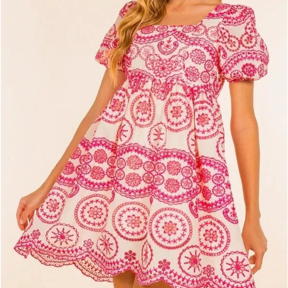 Brooklyns Dress Womens Med Pink Embroidered Floral Fit Flare Lined Boho Cotton